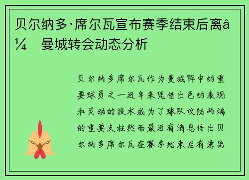 贝尔纳多·席尔瓦宣布赛季结束后离开曼城转会动态分析